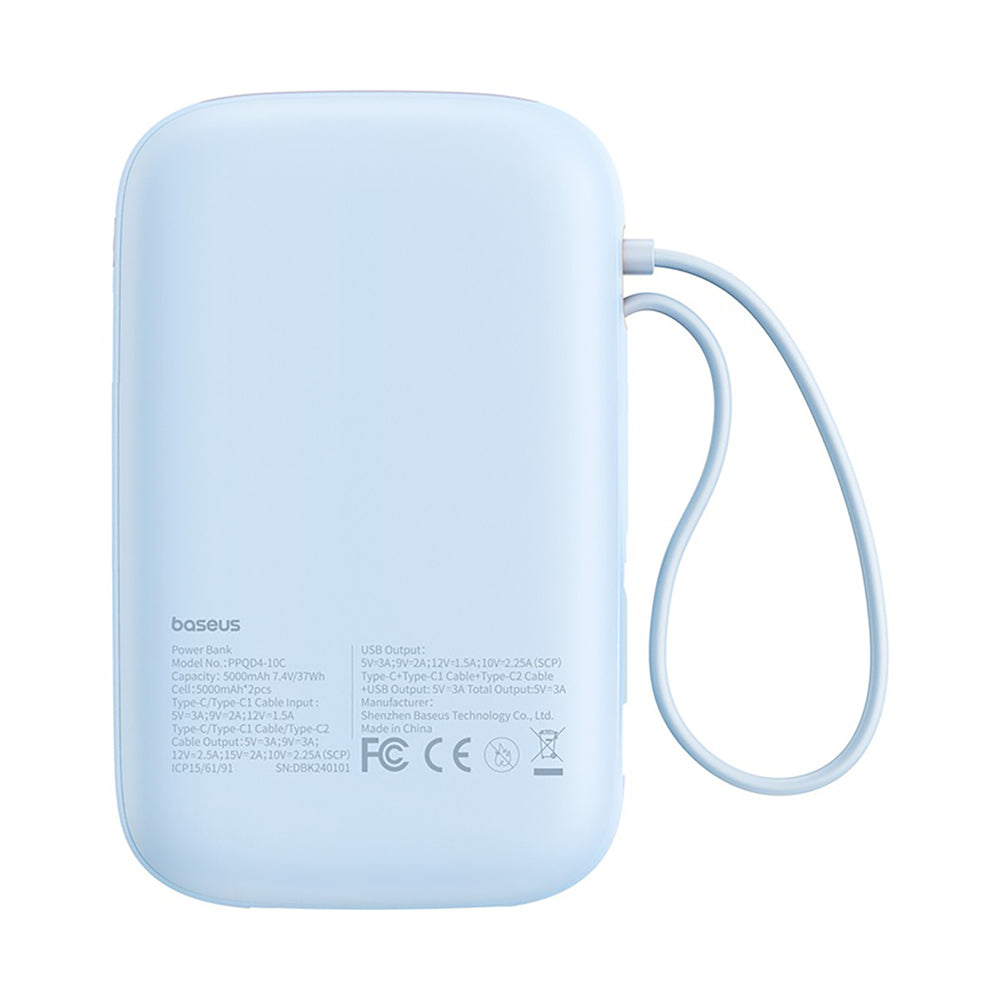 Baseus QPow 2 30W 10000mAh Power Bank with Built-in USB-C Cables - Blue