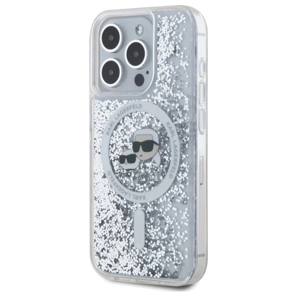 Karl Lagerfeld Liquid Glitter Karl & Choupette Head Magsafe Case for iPhone 15 Pro Max - Clear