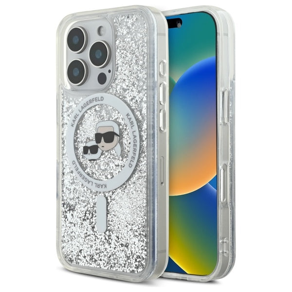Karl Lagerfeld Liquid Glitter Karl & Choupette Head Magsafe iPhone 16 Pro Case - Klar