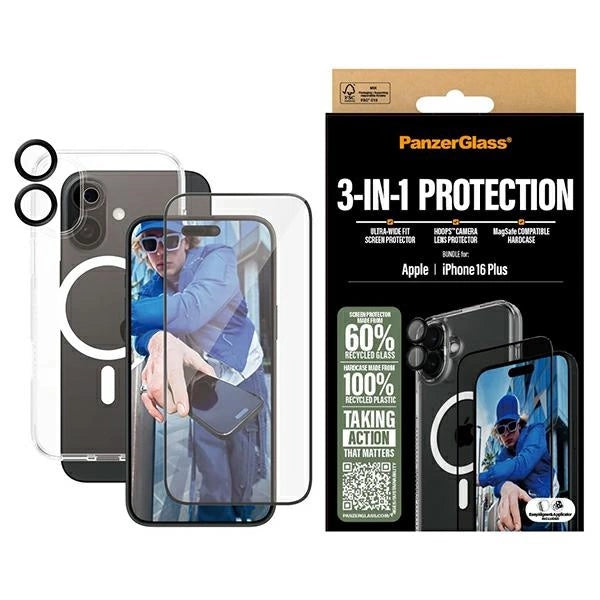 PanzerGlass Bundle 3in1 iPhone 16 Plus 6.7" D3O Hardkasse + Skærmbeskytter UWF + Lens B1293+2863+1283