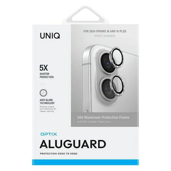 Uniq Optix Aluminium Camera Lens Protector iPhone 16 6.1 " / 16 Plus 6.7" hvide shimmer kamera linse glas med applikator