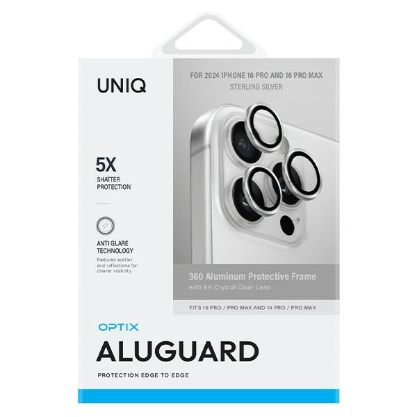 Uniq Optix Aluminium Camera Lens Protector iPhone 16 Pro 6.3" / 16 Pro Max 6.9" sterling sølv kamera linse glas med applikator
