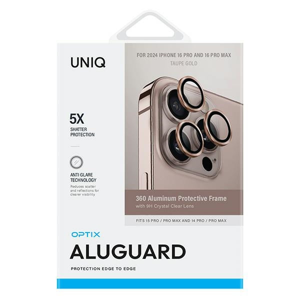 Uniq Optix Aluminium Camera Lens Protector iPhone 16 Pro 6.3" / 16 Pro Max 6.9" taupe guld kamera linse glas med applikator