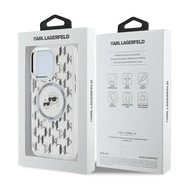 Karl Lagerfeld IML Monogram Karl & Choupette Head MagSafe iPhone 15 Pro Case - Clear