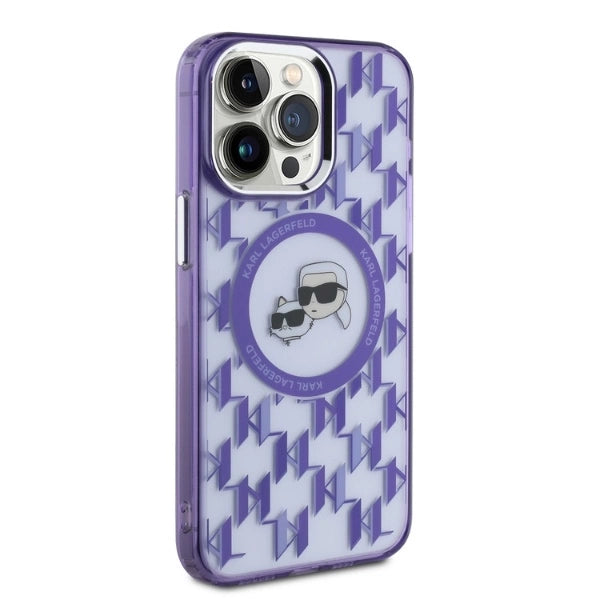 Karl Lagerfeld IML Monogram Karl & Choupette Head MagSafe iPhone 15 Pro Case - Purple