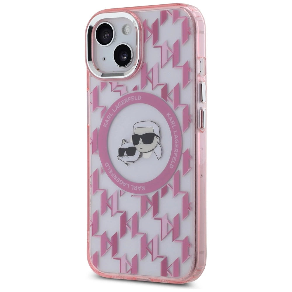Karl Lagerfeld IML Monogram Karl & Choupette Head MagSafe iPhone 15 Plus Case - Pink