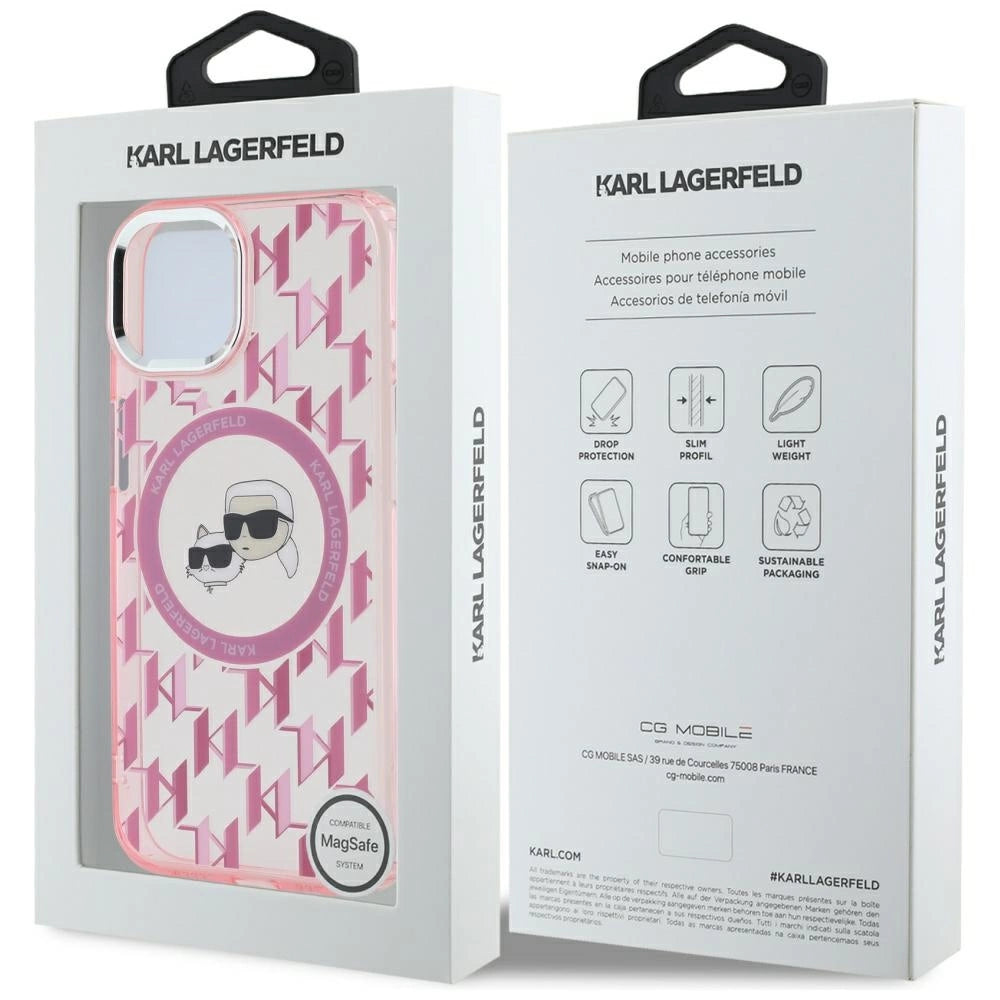 Karl Lagerfeld IML Monogram Karl & Choupette Head MagSafe iPhone 15 Plus Case - Pink