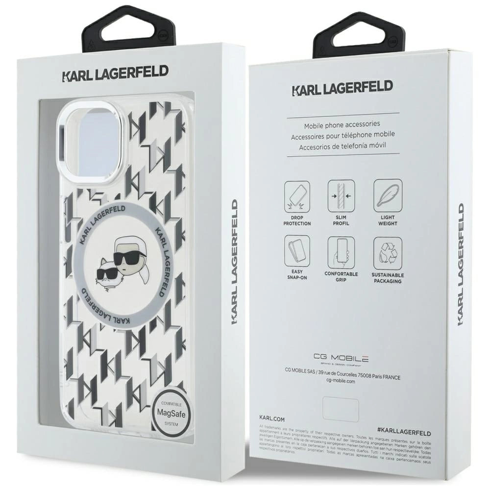 Karl Lagerfeld IML Monogram Karl & Choupette Head MagSafe iPhone 15 Case - Clear