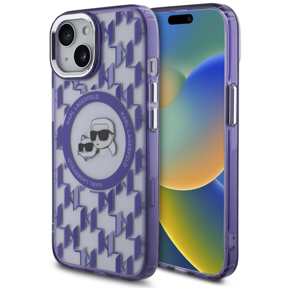 Karl Lagerfeld IML Monogram Karl & Choupette Head MagSafe iPhone 15 Case - Purple
