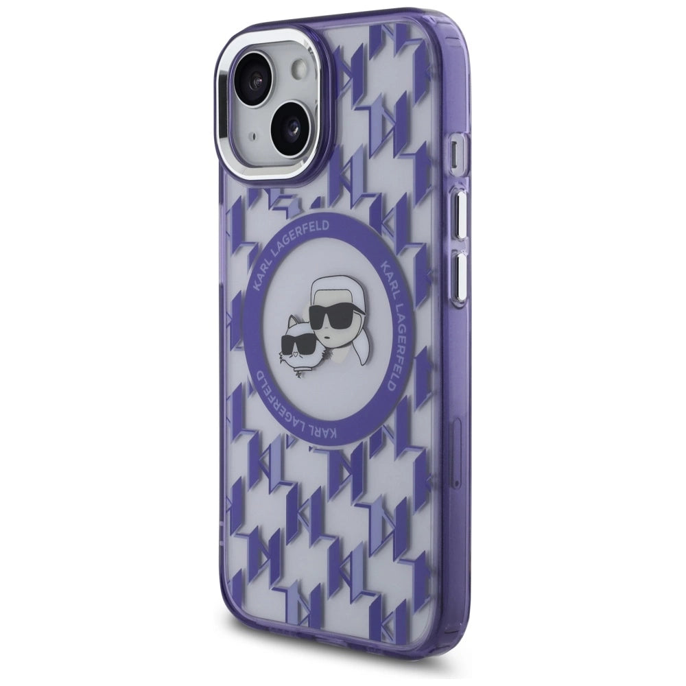 Karl Lagerfeld IML Monogram Karl & Choupette Head MagSafe iPhone 15 Case - Purple