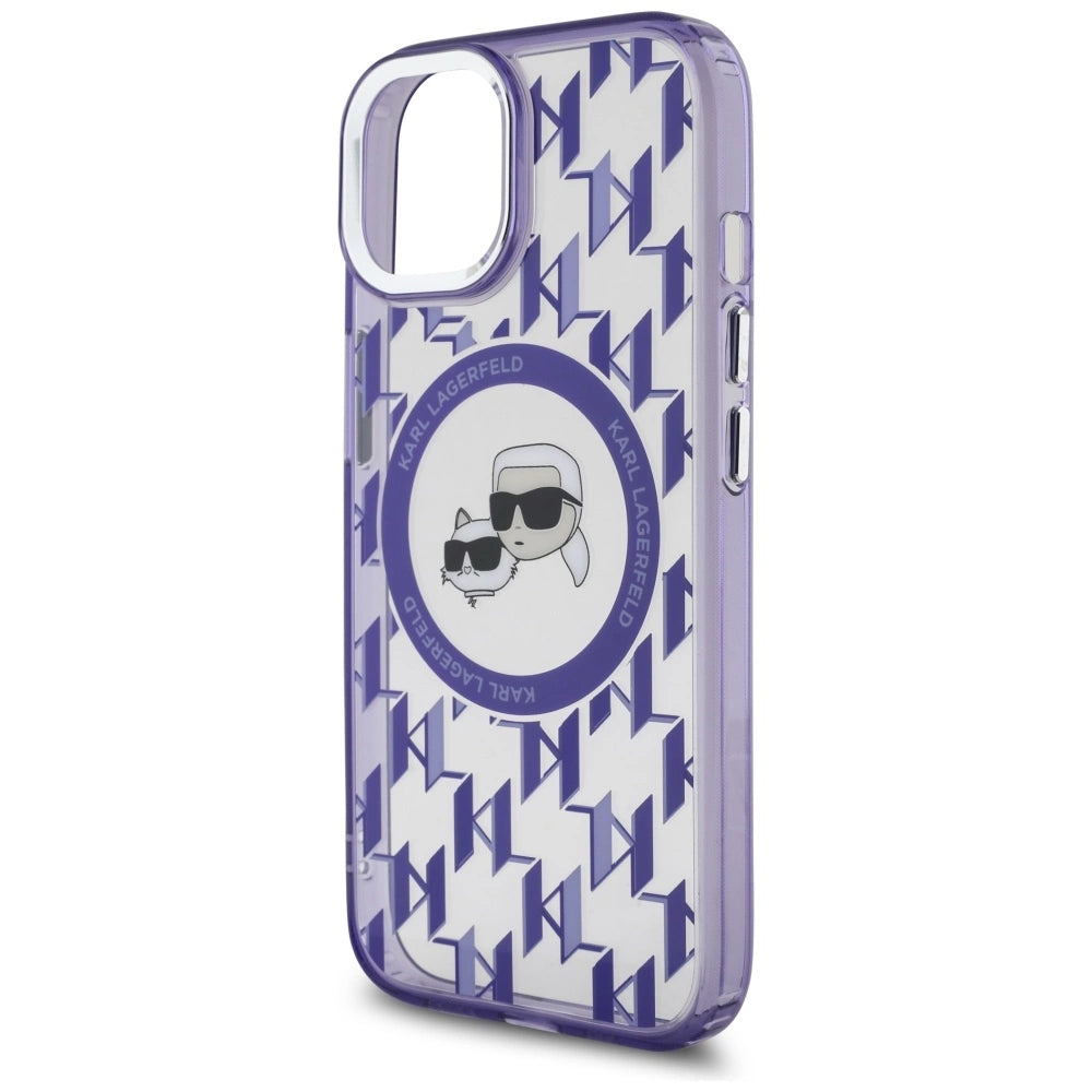 Karl Lagerfeld IML Monogram Karl & Choupette Head MagSafe iPhone 15 Case - Purple