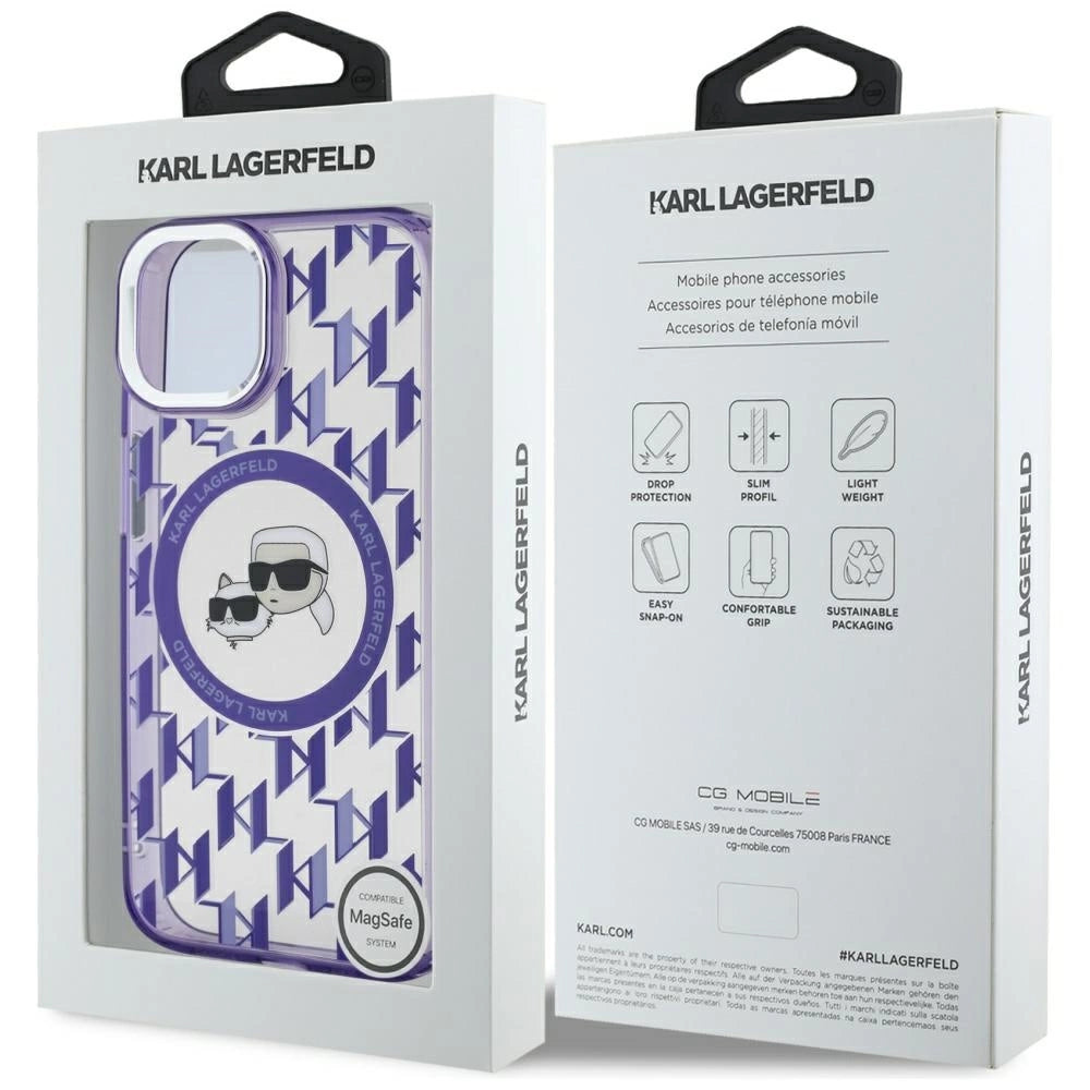 Karl Lagerfeld IML Monogram Karl & Choupette Head MagSafe iPhone 15 Case - Purple