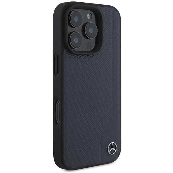 Mercedes MB Wood Imitation Leather MagSafe Case for iPhone 16 Pro Max - Navy Blue