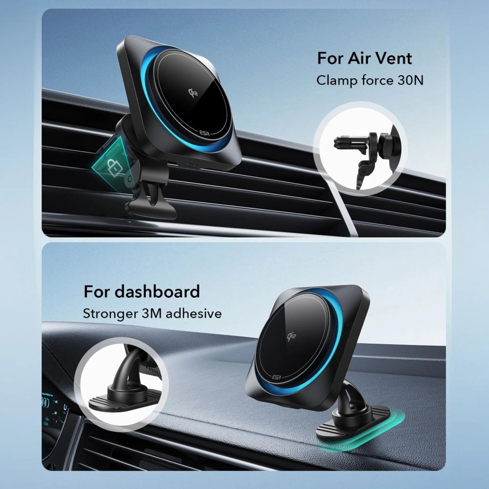 ESR Halolock CryoBoost MagSafe induktive opladerholder til instrumentbræt og luftventil med Qi 2 15W - sort