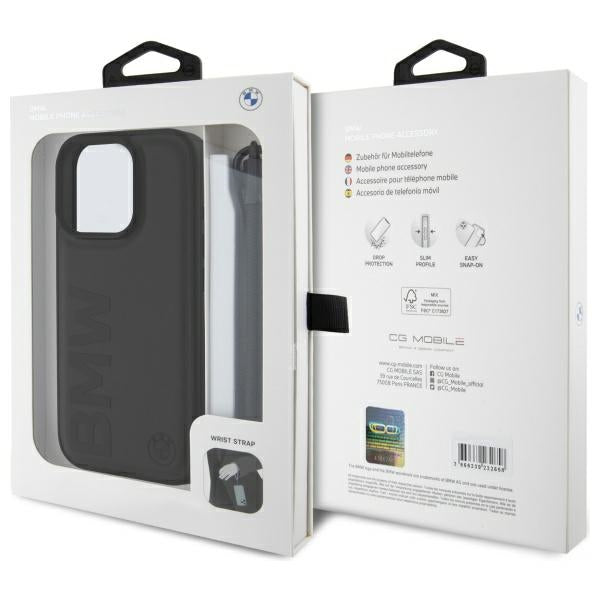 BMW Signature læder Wordmark ledningsfoder til iPhone 16 Pro - sort