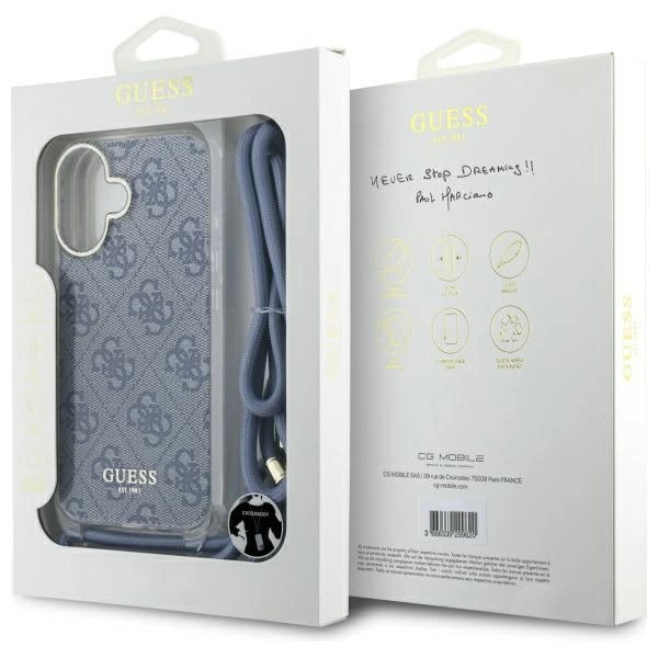Guess Crossbody Cord 4G Print Case with Lanyard for iPhone 16 - Blue
