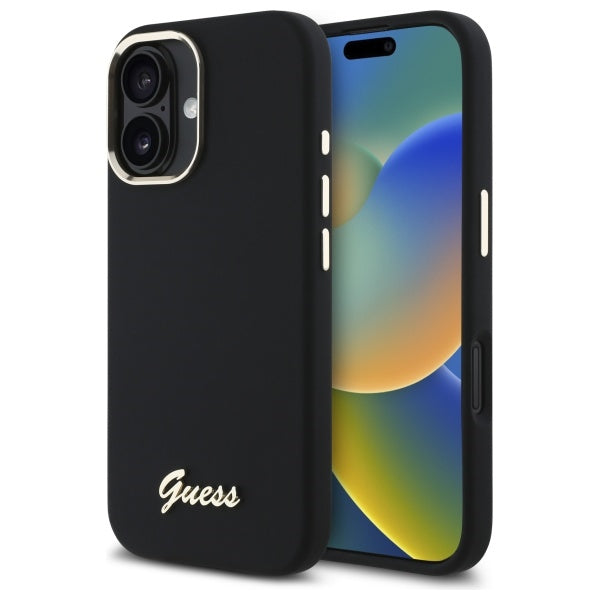Guess Silicone Script Metal Logo & Frame Case til iPhone 16 - sort