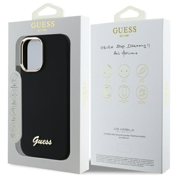 Guess Silicone Script Metal Logo & Frame Case til iPhone 16 - sort