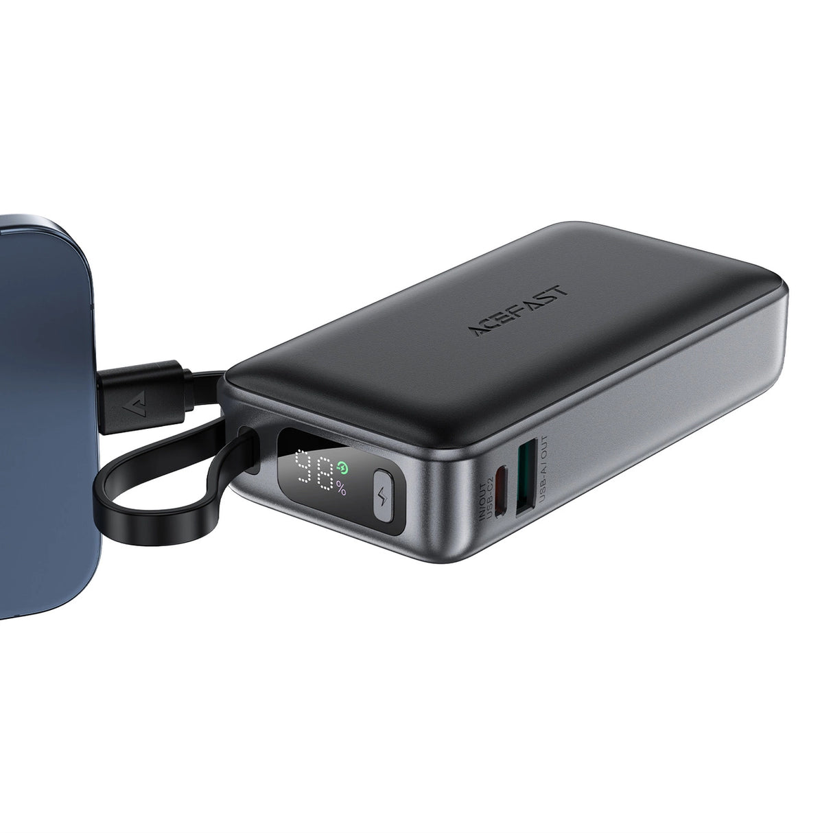 Acefast M7-10000 PD30W Powerbank med indbygget kabel - sort