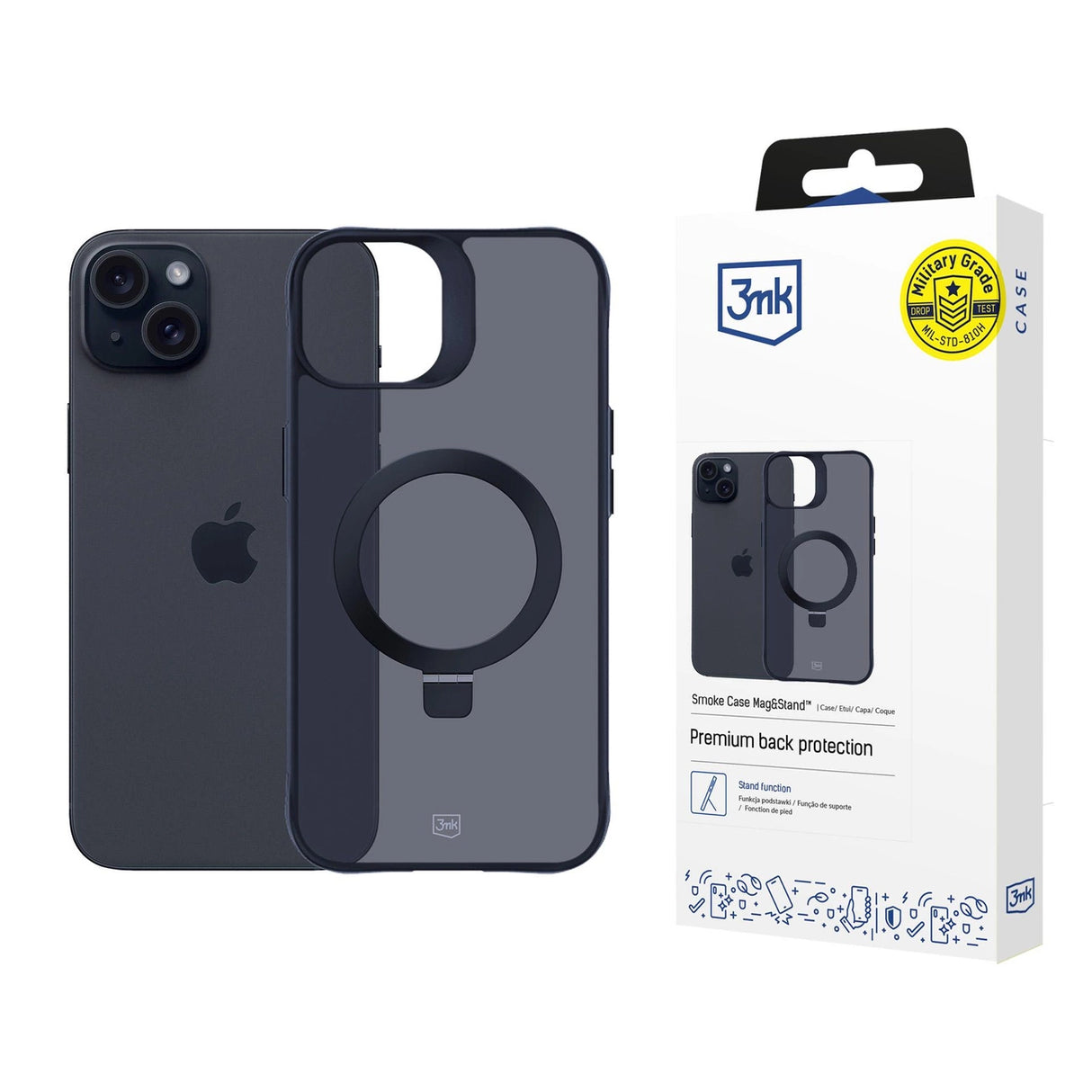 3mk Smoke Case Mag&Stand til Apple iPhone 15 plus - sort
