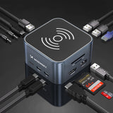 Hub USB-C 12 i 1 Wozinsky WHBC09Y8S multifunktionel, med trådløs opladningsfunktion, aluminium, med 15 cm kabel - grå