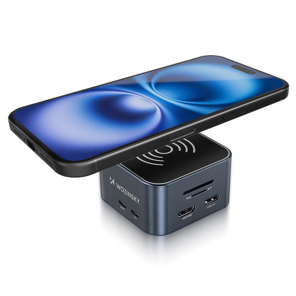 Hub USB-C 12 i 1 Wozinsky WHBC09Y8S multifunktionel, med trådløs opladningsfunktion, aluminium, med 15 cm kabel - grå