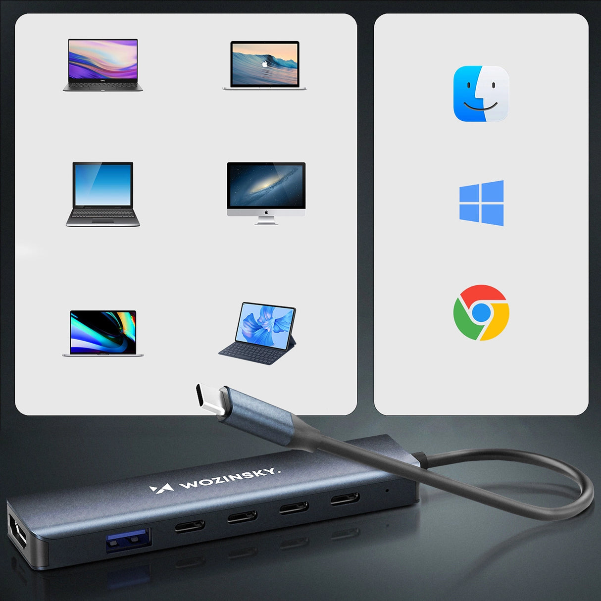 USB-C 6 i 1 Hub Wozinsky WHBC10Y4S Multifunktionel, Aluminium, med 25 cm Kabel - Grå