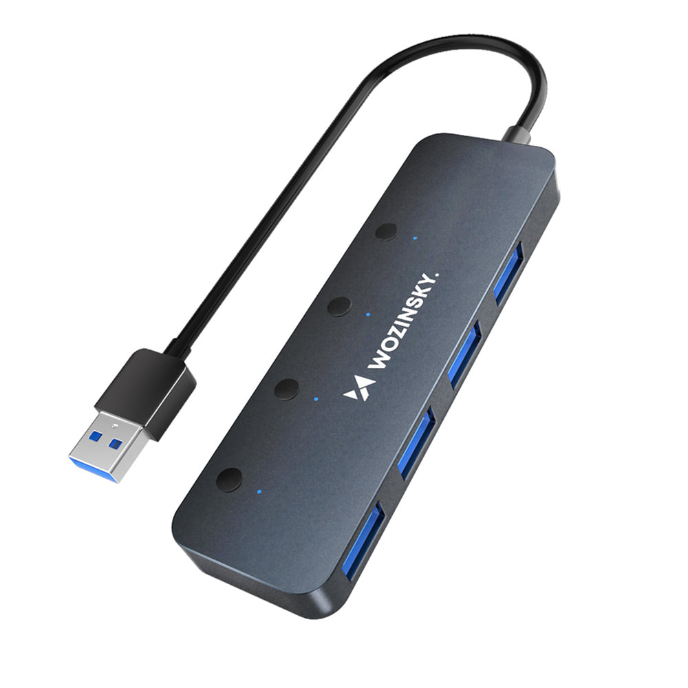 USB-A Hub Wozinsky WHS080YSS 4 x USB-A 3.0 med individuelle stik, aluminium, med 30 cm kabel - grå
