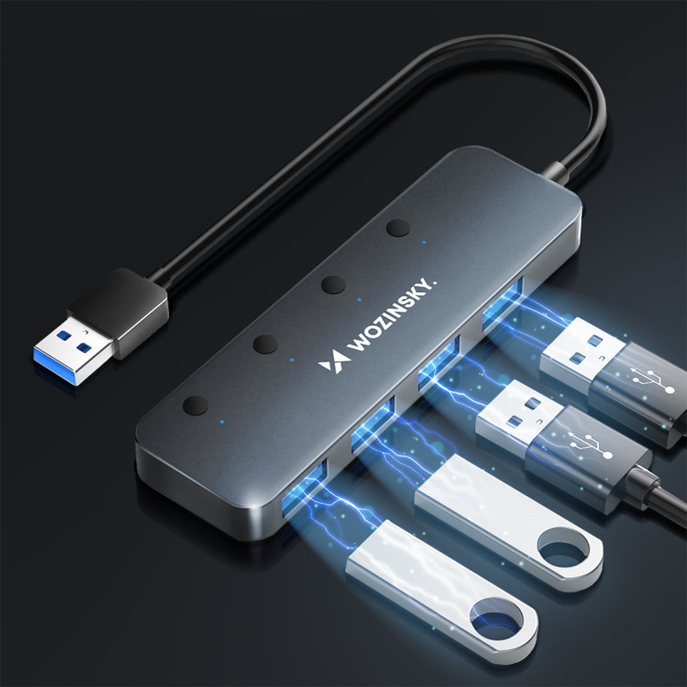 USB-A Hub Wozinsky WHS080YSS 4 x USB-A 3.0 med individuelle stik, aluminium, med 30 cm kabel - grå