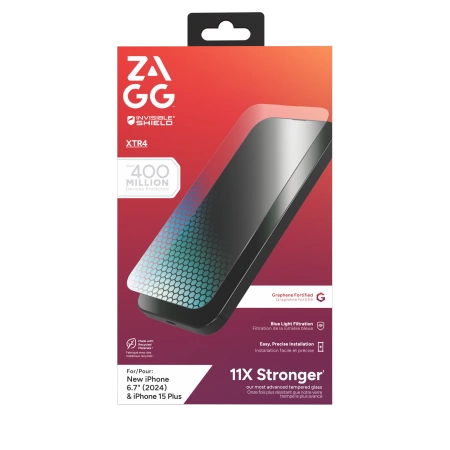 ZAGG InvisibleShield Glass XTR4 Graphene beskyttende glas med blå lysfilter til iPhone 15 Plus / 16 Plus