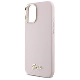 Guess Silicone Script Metal Logo & Frame iPhone 16 Case - Pink