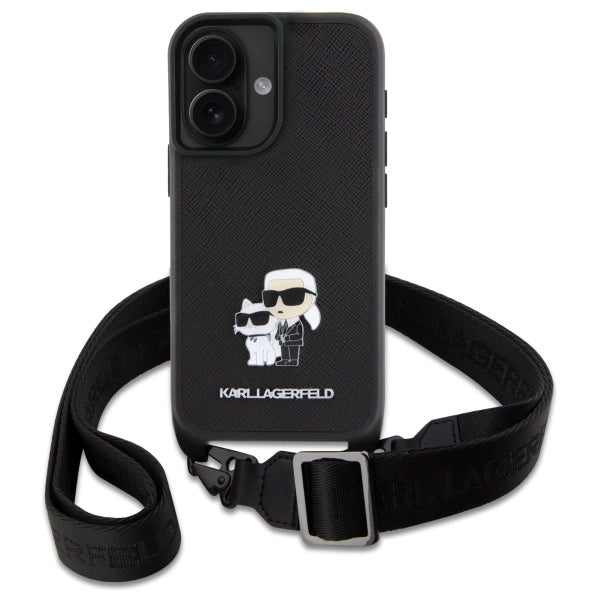 Karl Lagerfeld Saffiano Karl&Choupette Metal Pin CBDY Strap iPhone 16 Case - Black