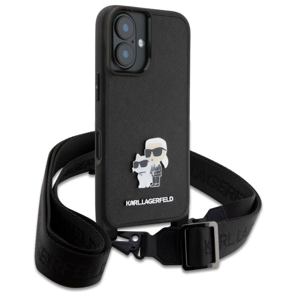 Karl Lagerfeld Saffiano Karl&Choupette Metal Pin CBDY Strap iPhone 16 Case - Black