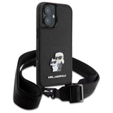 Karl Lagerfeld Saffiano Karl&Choupette Metal Pin CBDY Strap iPhone 16 Case - Black
