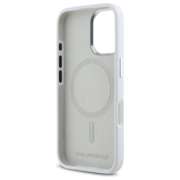 Karl Lagerfeld Silicone Initial Metal Logo MagSafe iPhone 16 Case - White