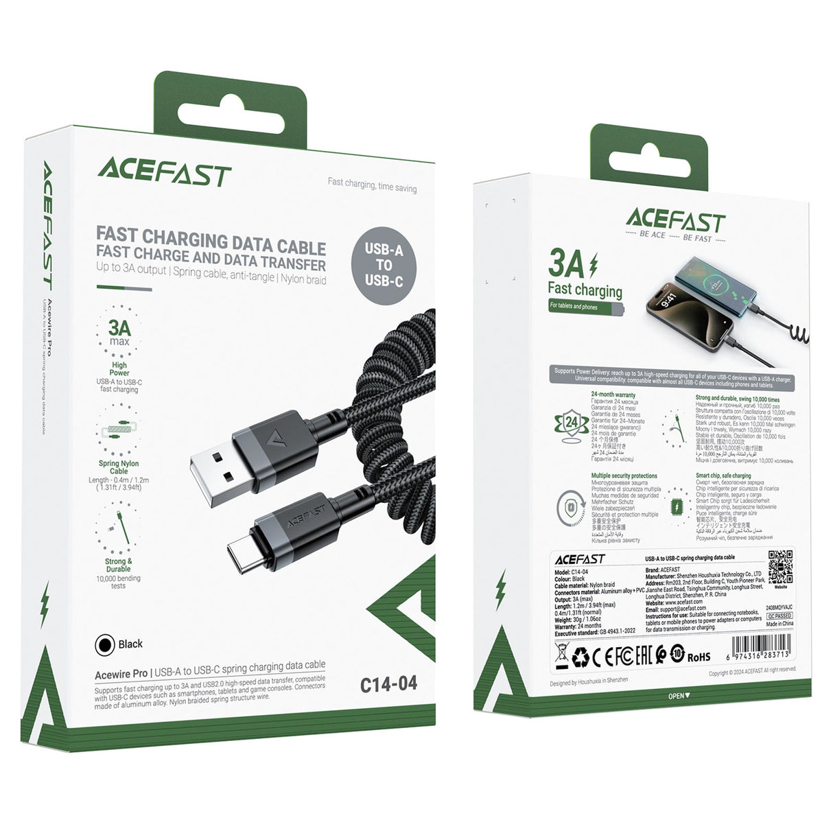 Acefast C14-04 USB-A - USB-C Kabel Spring 480Mb/s 3A 1.2m - sort