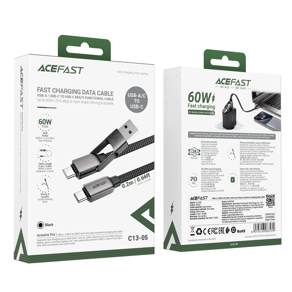 Acefast C13-05 USB-C - USB-A / USB-C Kabel 480Mb/s 3A 0,2m - sort