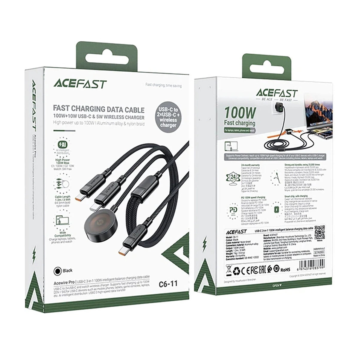 Acefast C6-11 USB-C 3-i-1-kabel - 2x USB-C / Qi 480Mb/s 100W 1,2m - sort