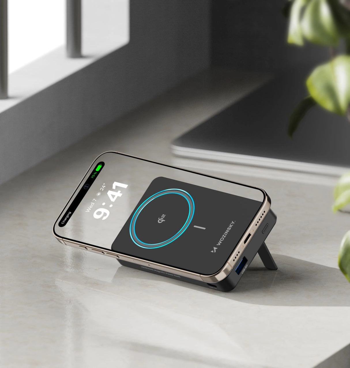 Powerbank Wozinsky WLWP-10KA0Y3S 22.5W PD Qi2 10000 mAh, med stativ, 1x USB-A, 1x USB-C - sort