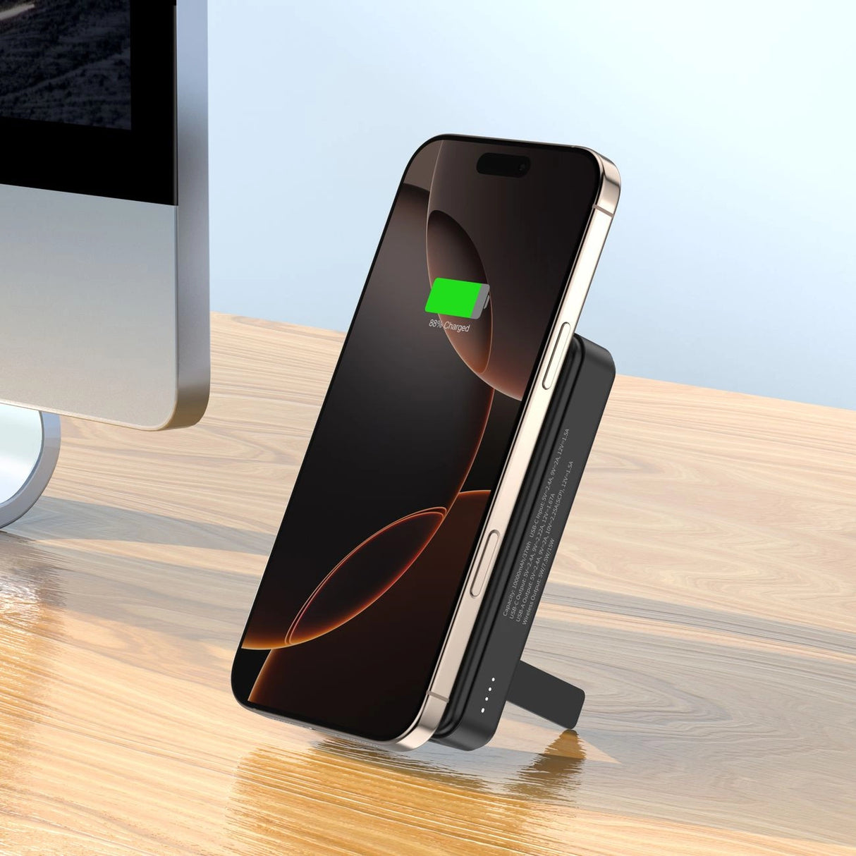 Powerbank Wozinsky WLWP-10KA0Y3S 22.5W PD Qi2 10000 mAh, med stativ, 1x USB-A, 1x USB-C - sort