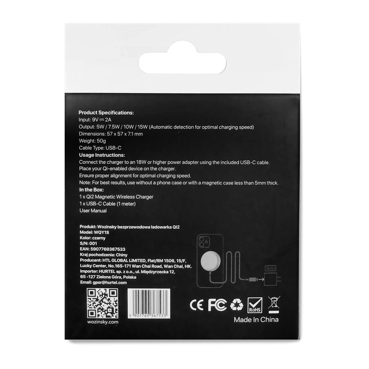 Wozinsky 15W trådløs Qi2 induktiv oplader - sort