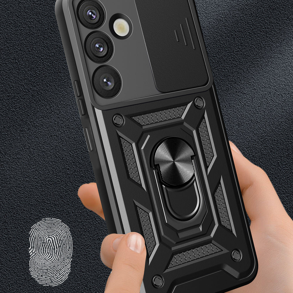 Hybrid Armor Camshield med kameraomslag og metalring til Samsung Galaxy S25+ - sort