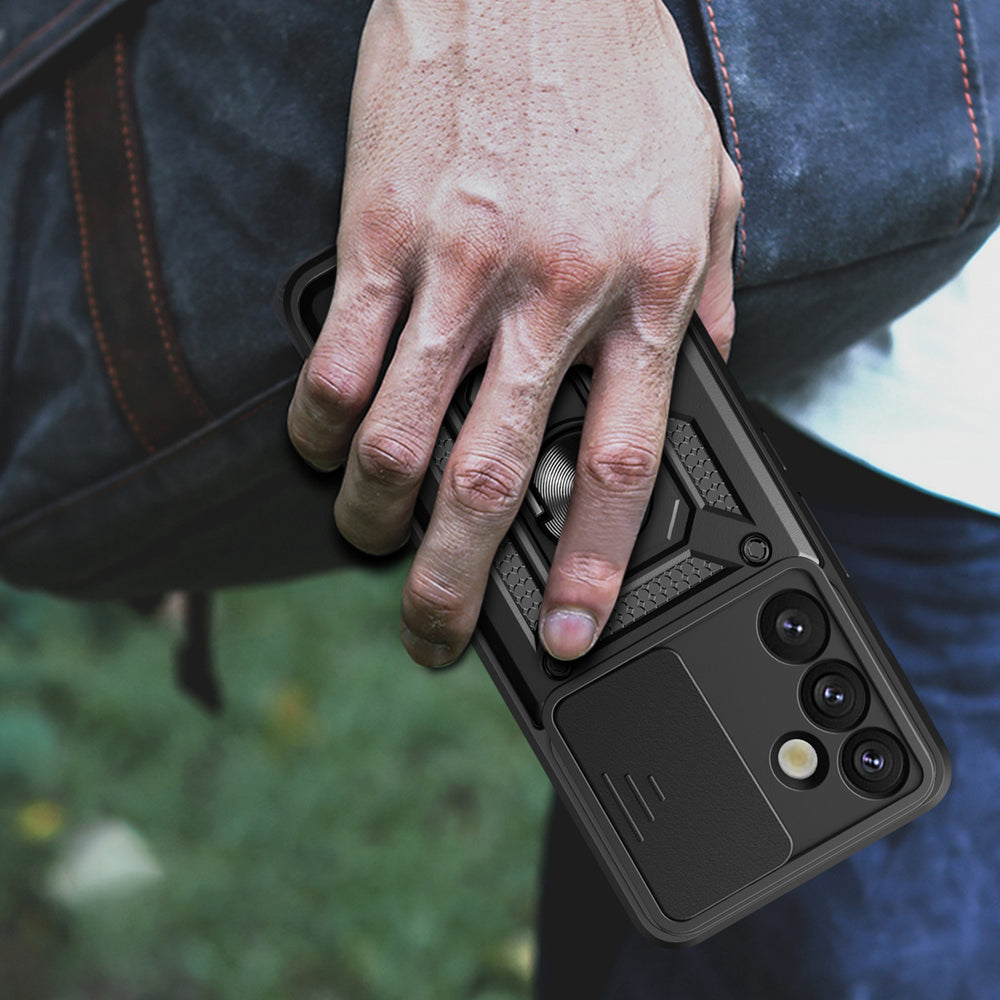 Hybrid Armor Camshield med kameraomslag og metalring til Samsung Galaxy S25+ - sort