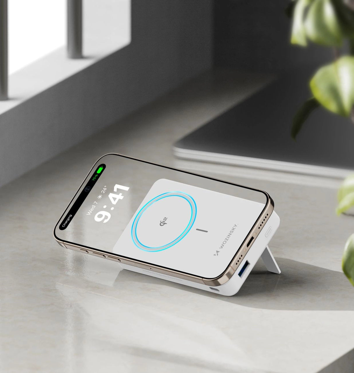 Powerbank Wozinsky WLWP-10KA0Y3WS 22.5W PD Qi2 10000 mAh, med stand, 1x USB-A, 1x USB-C - hvid