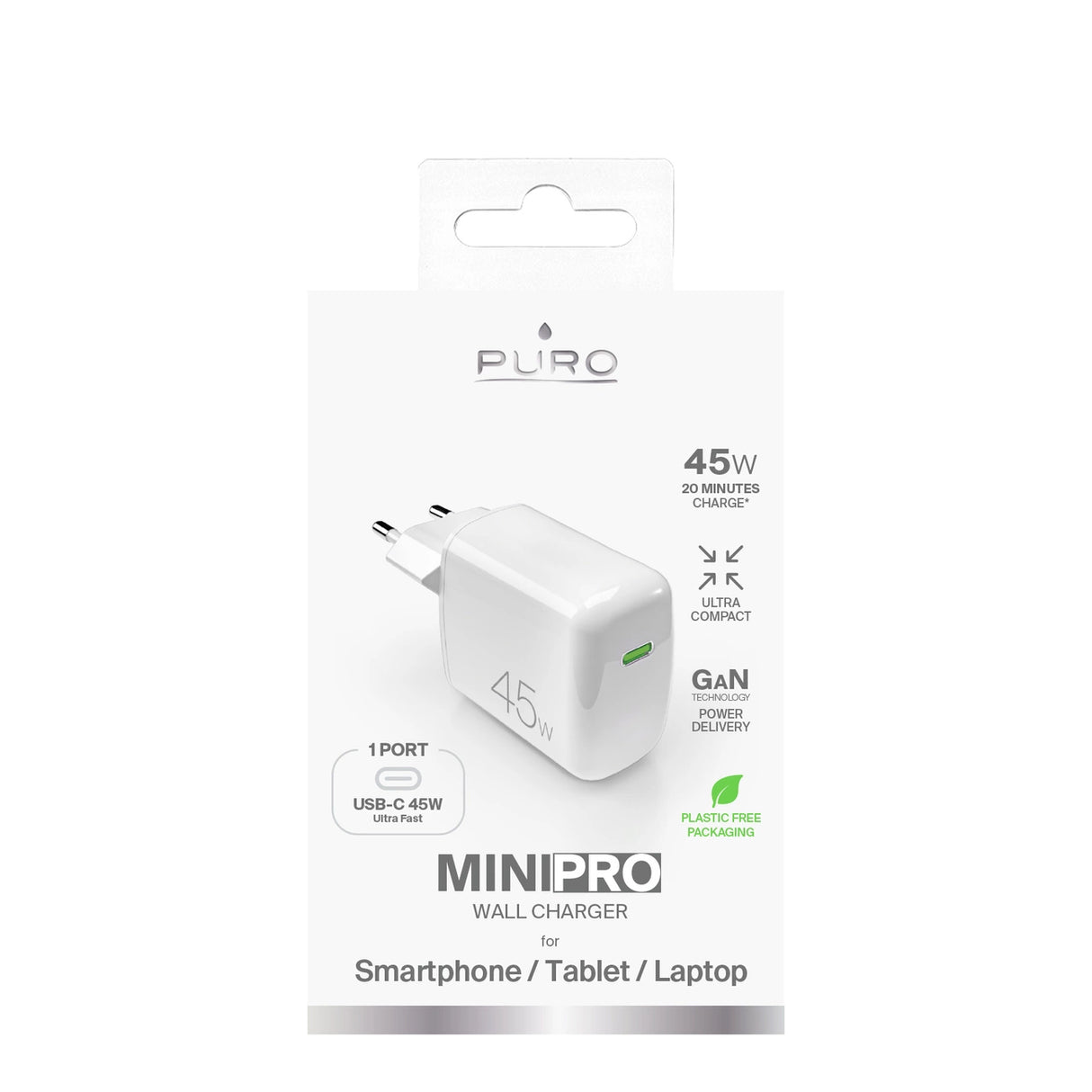 Puro Super Mini 45W PD GaN USB-C vægoplader - hvid