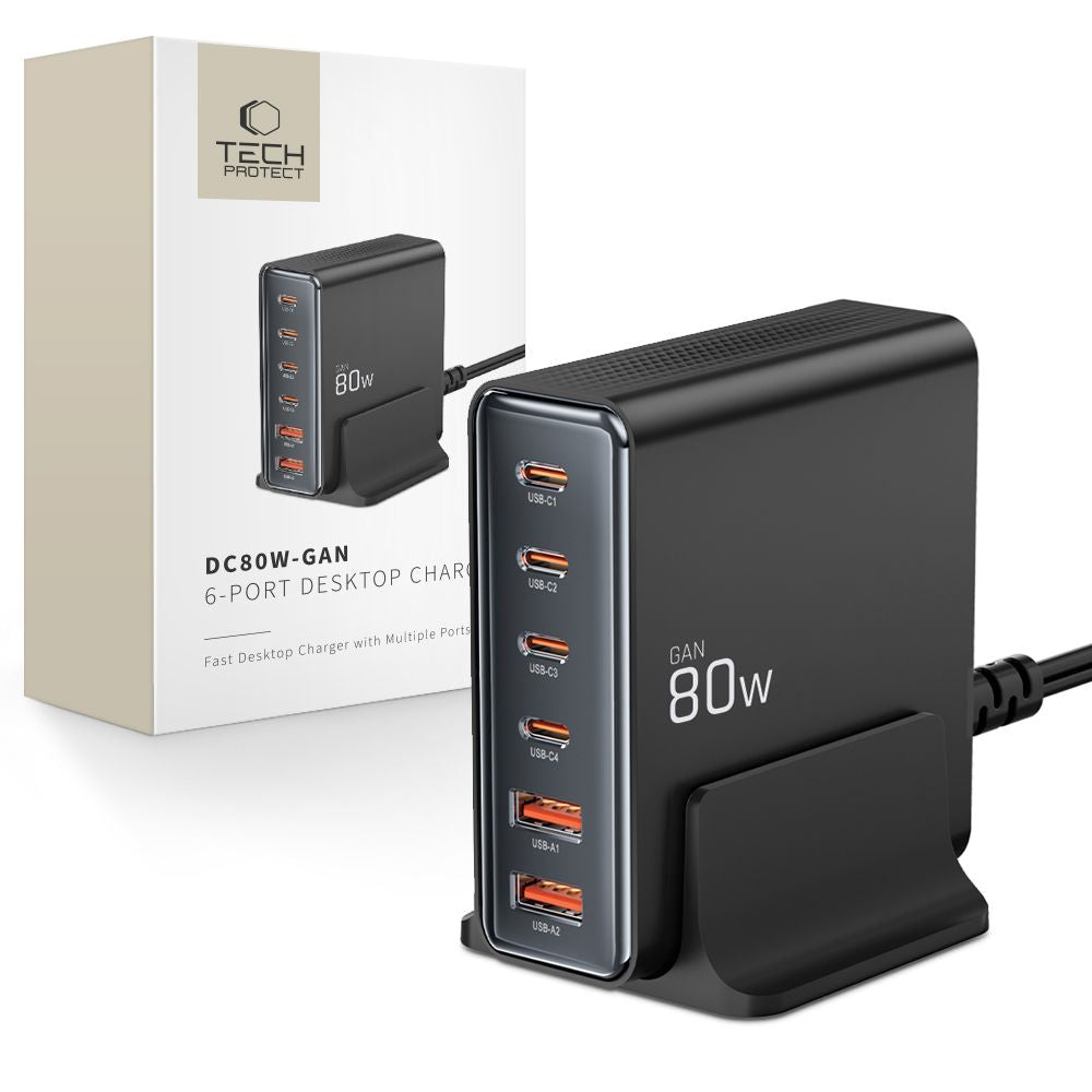 Tech-protect DC80W-GAN 6-PORT PD80W/QC3.0 Ladestation - sort