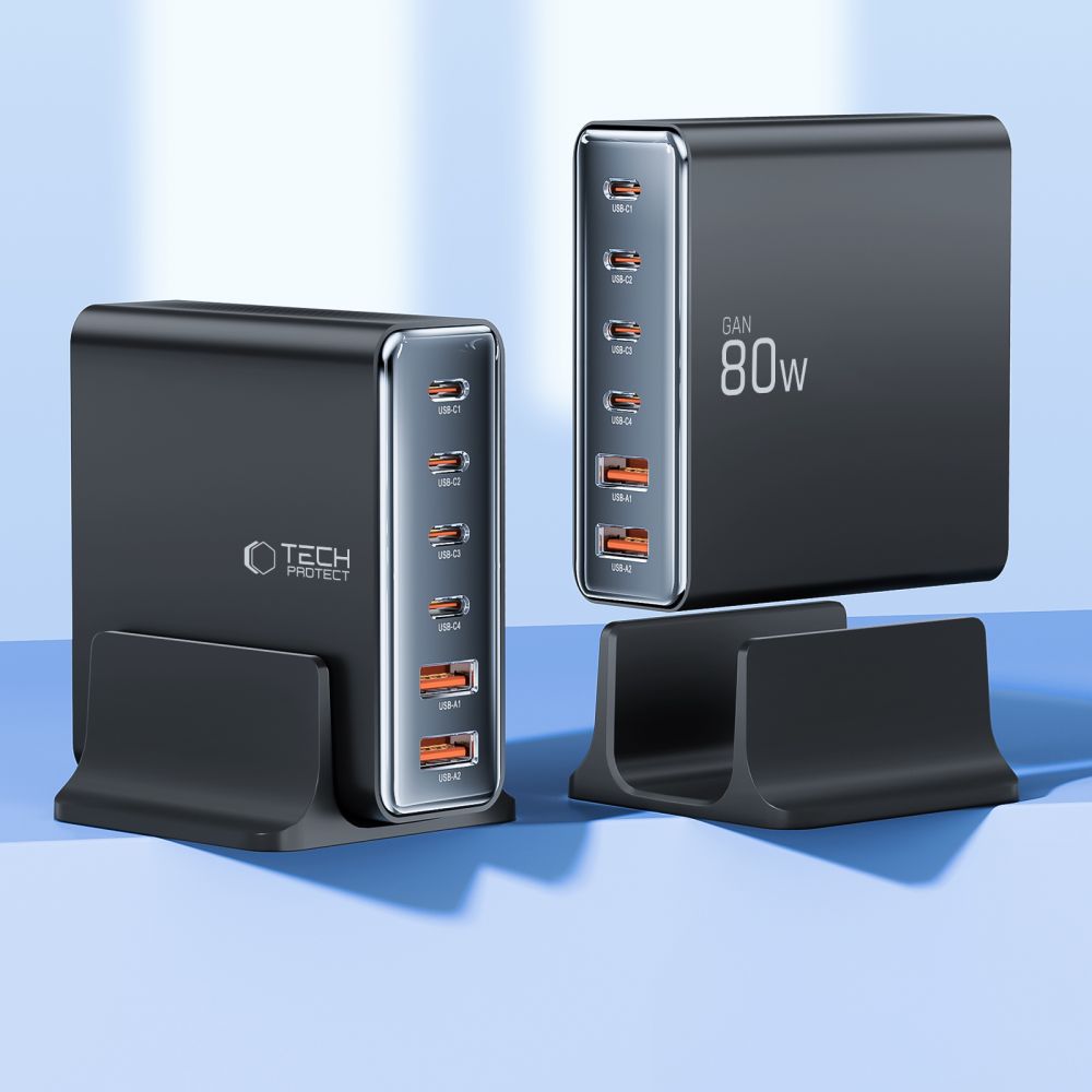 Tech-protect DC80W-GAN 6-PORT PD80W/QC3.0 Ladestation - sort