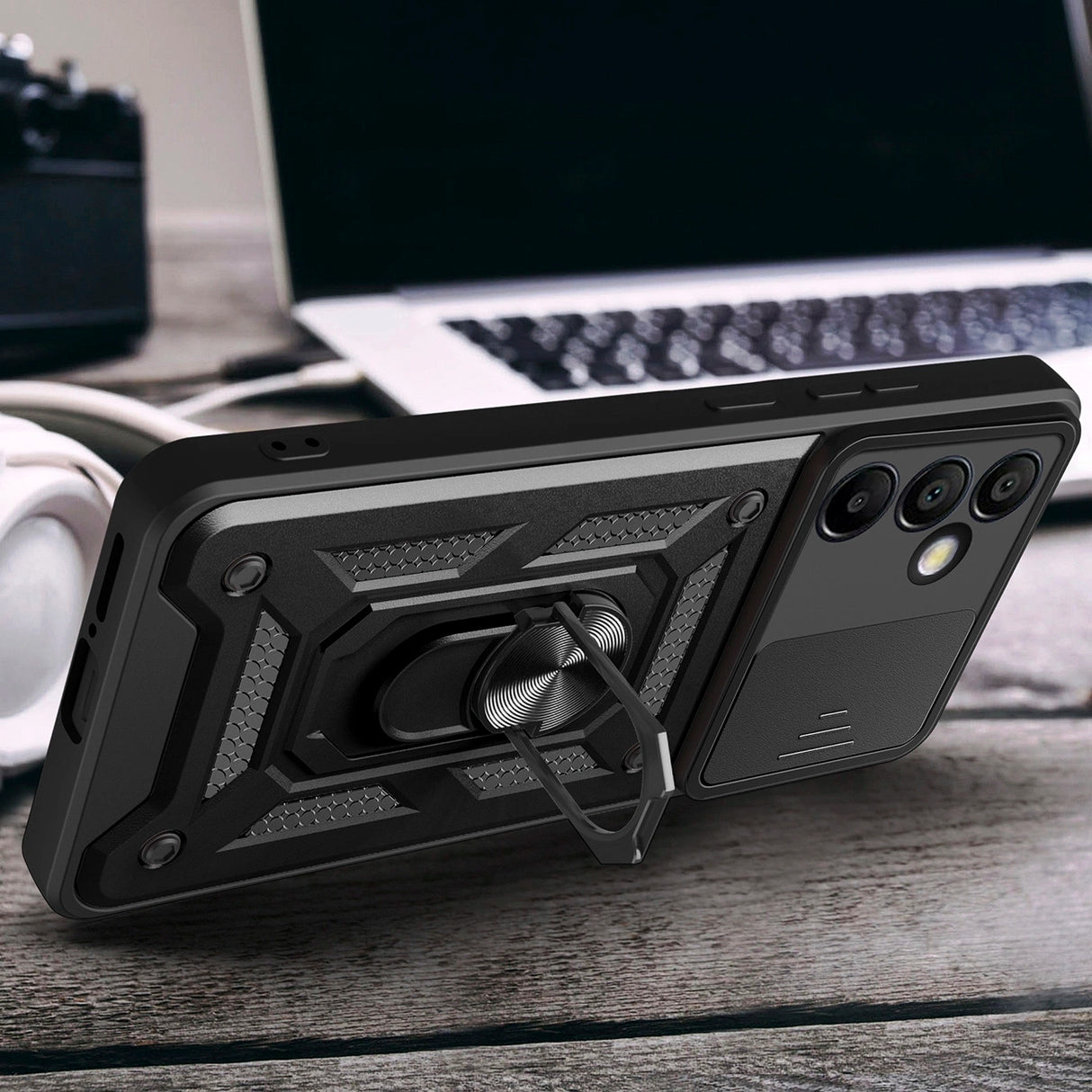 Hybrid Armor Camshield med Stand og Camera Cover til Samsung Galaxy A56 - sort
