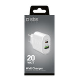 SBS TETRPD20W 20W USB-A USB-C Wall Charger med Power Delivery - hvid