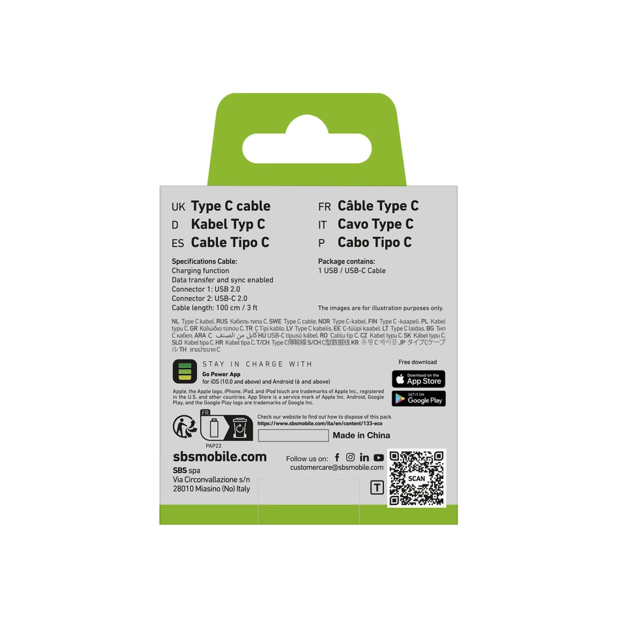 SBS TECABLETYC1KPOS USB-A - USB-C Kabel 1m - sort